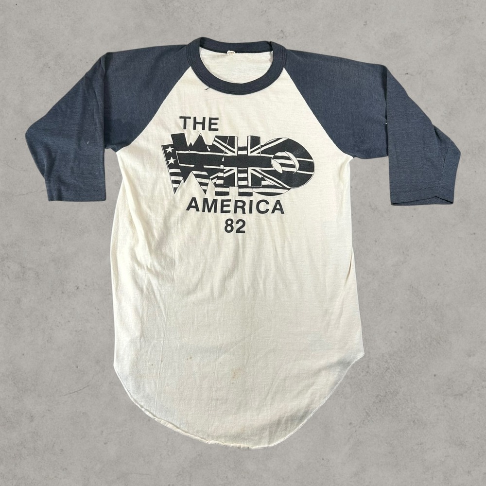 Vintage The Who Raglan Shirt Mens Small Cream Navy 1982 America Tour Rock Tee